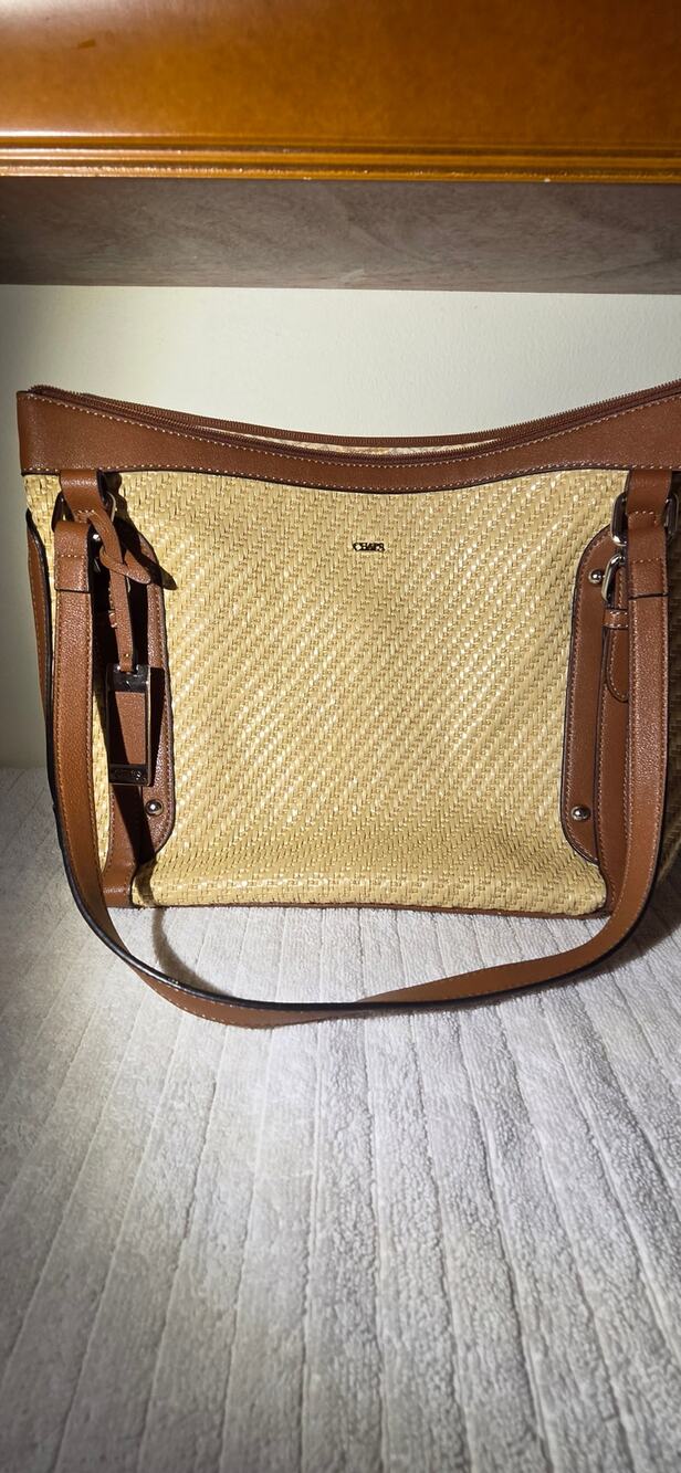 CHAPS Woven Straw Shoulder Bag Tan Brown Double Strap Summer Tote Purse